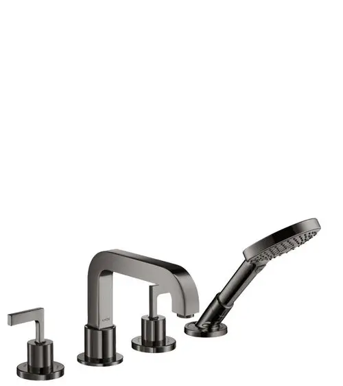 Mehrteilige Wannenrandarmatur in Polished Black Chrome von AXOR, bestehend aus einem Wasserhahn und drei Bedienelementen mit Hebelgriffen.